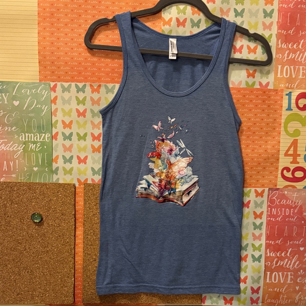 ⭐️American Apparel Women’s Blue Tank Top w/ Book Butterfly Design Size XS⭐️3/$25